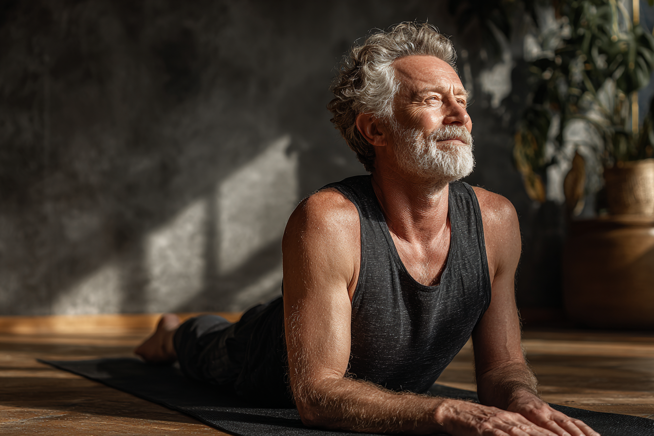 Seniori practicând yoga în grup, zâmbitori și relaxați într-un studio luminos