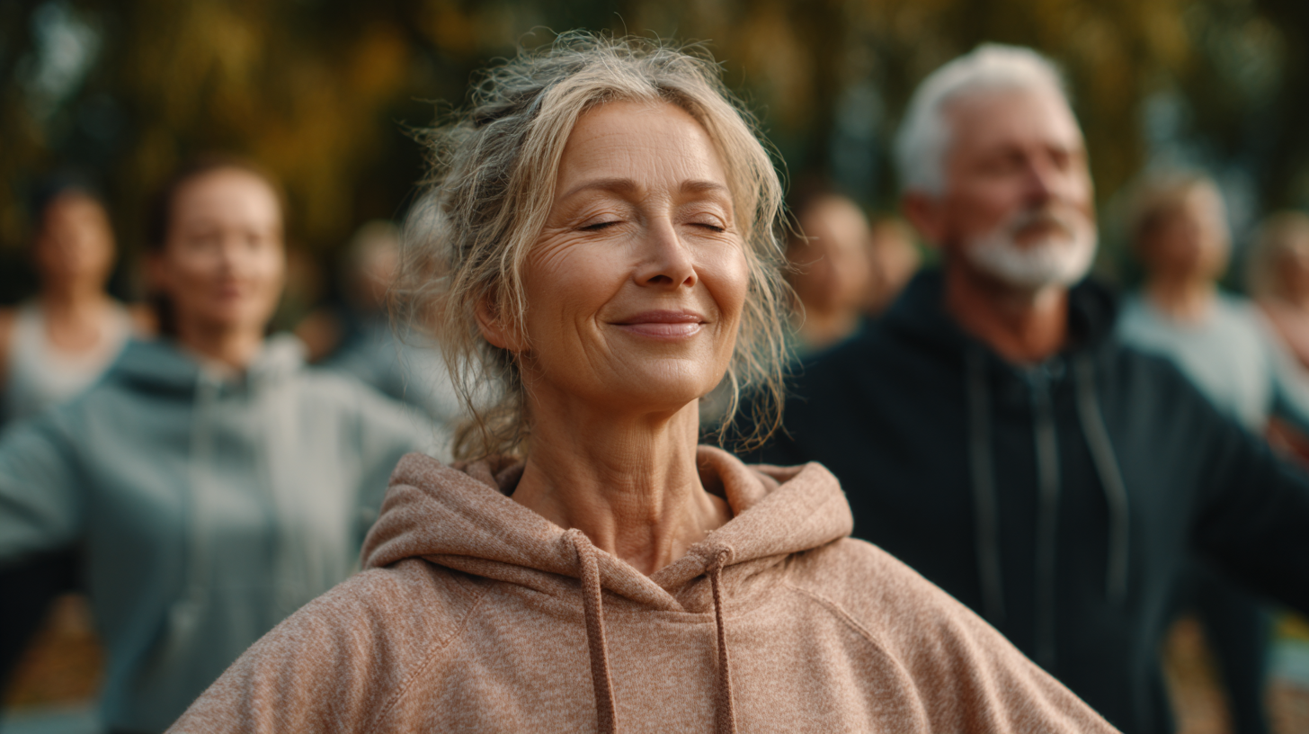 Grup de seniori zâmbitori după o sesiune de yoga, într-o atmosferă caldă și prietenoasă