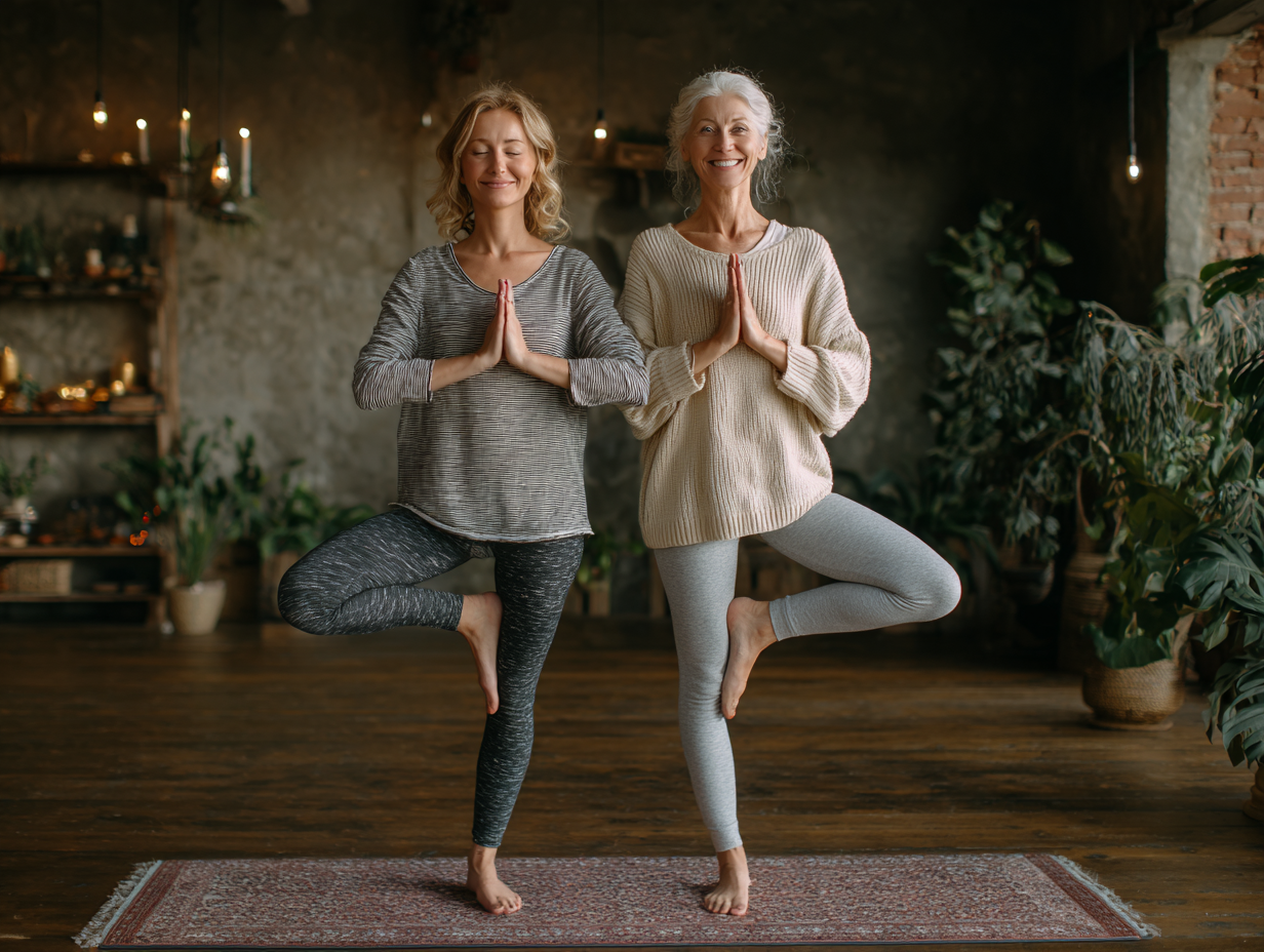 Instructor de yoga lucrând individual cu un senior într-o atmosferă caldă și încurajatoare